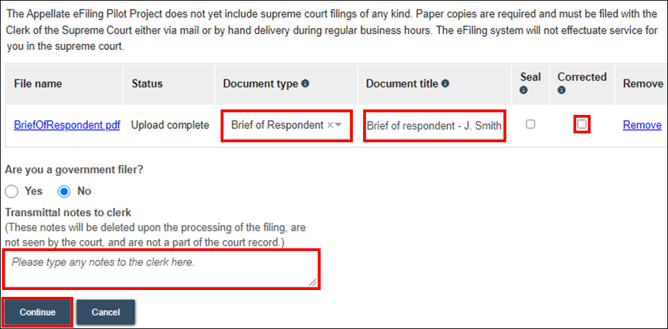 Wisconsin appellate court eFiling - Additional documents - Document type - Document title - Corrected checkbox - Transmittal notes to clerk - Continue.png
