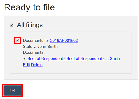Wisconsin appellate court eFiling - Ready to file - Checkbox next to Documents for case - File.png