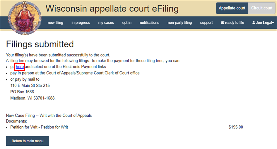 Appellate court eFiling - Tips and tricks - Go here pay electronically at the time of filing.png