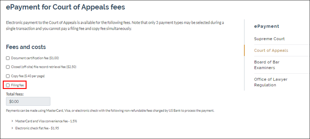 Appellate court eFiling - Tips and tricks - Select filing fee.png