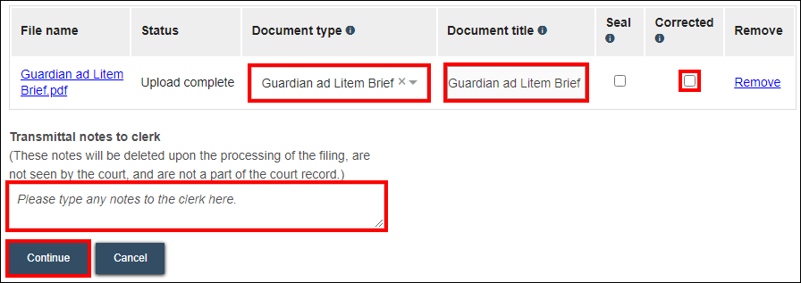 Wisconsin appellate court eFiling - Non-party filing page - Doc uploaded - Document type - Document title - Corrected checkbox - Transmittal notes to clerk - Continue.png