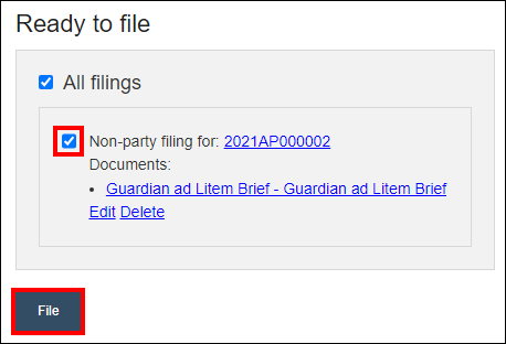 Wisconsin appellate court eFiling - Ready to file page - Checkbox next to Non-party filing document - File.png