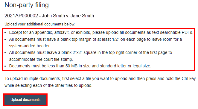 Wisconsin appellate court eFiling - Non-party filing page - Bullet list to ensure documents are properly formatted - Upload documents button.png