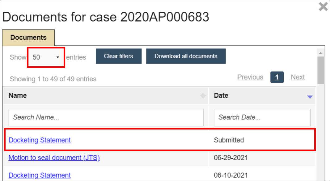 Wisconsin appellate court eFiling - Documents for case - Show dropdown menu - Document with Subumitted status in the Date column.png