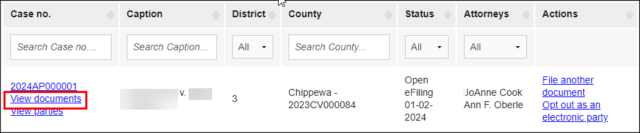 Appellate court eFiling - View documents link in Case number column.png