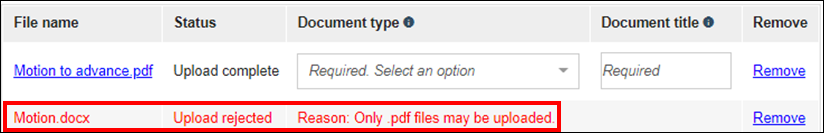 Wisconsin appellate court eFiling - Upload additional documents - Document shows status of Upload rejected due to only pdf files may be uploaded.png