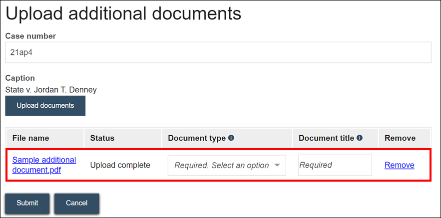 Wisconsin appellate court eFiling - Upload additional documents - Uploaded document displays in table.png