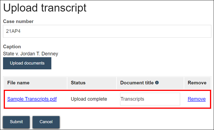 Wisconsin appellate court eFiling - Upload transcript - Uploaded transcript displays in a table.png