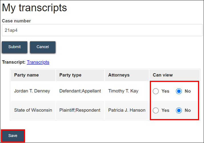 Wisconsin appellate court eFiling - Party list with Can view radio buttons for Yes and No - Save.png