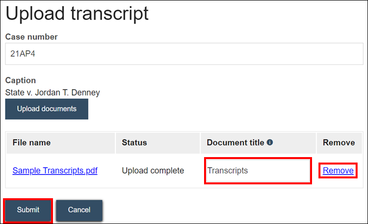 Wisconsin appellate court eFiling - Upload transcript - Document title - Remove link - Submit.png