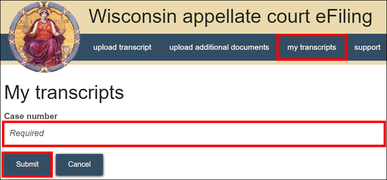 Wisconsin appellate court eFiling - My transcripts - Case number - Submit.png