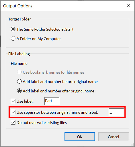 Adobe Acrobat Pro - Output Options - Use separator between original name and label.png