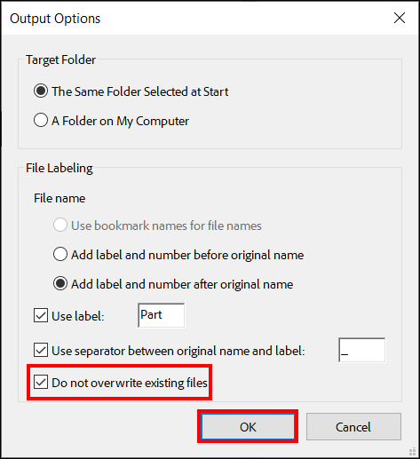 Adobe Acrobat Pro - Output Options - Do not overwrite existing files - OK.png