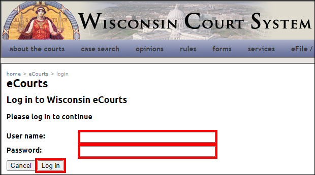 eCourts - Log in to Wisconsin eCourts - User name - Password - Log in.png