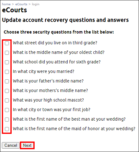 eCourts - Update account recovery questions and answers - Questions - Next.png