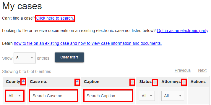 Wisconsin circuit court eFiling - My cases - Click here to search - County dropdown list - Case no filter - Caption filter - Arrows at the top of each column.png