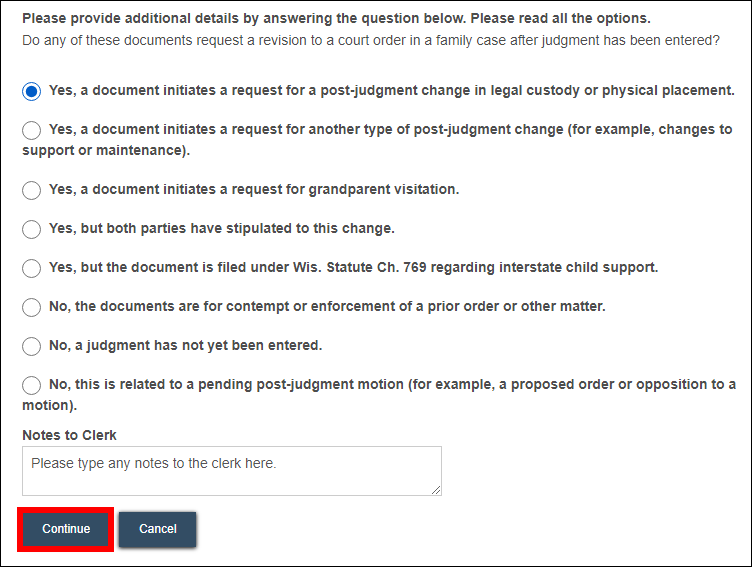 Filing on postjudgement FA or PA case - Upload documents - Multiple choice - Continue.png