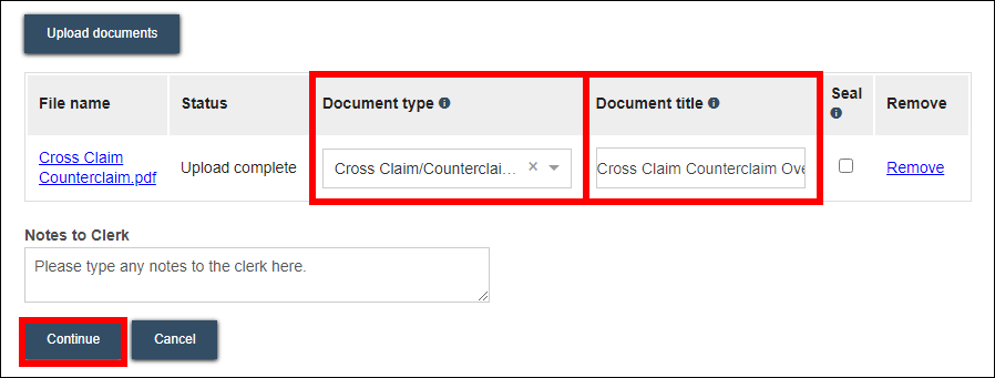 Crossclaim Counterclaim - File another document - Upload documents - Continue.png