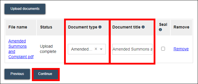Amended summons and complaint - Document upload - Continue.png