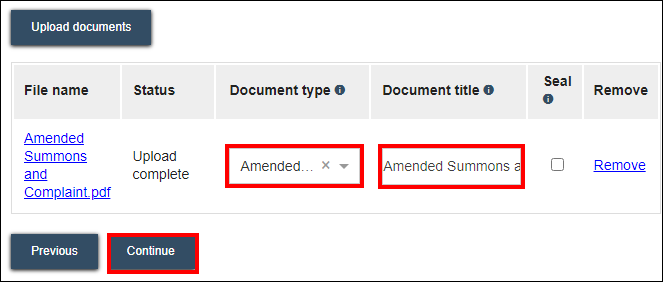 Amended summons and complaint - Document upload - Continue.png