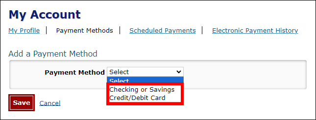 My Account Add a payment method screen with attention called to Payment method dropdown menu