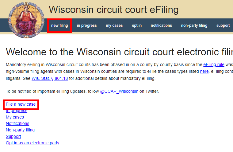 Wisconsin circuit court eFiling - new filing or File a new case link.png