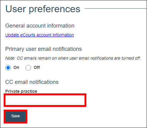 .pngWisconsin circuit court eFiling - User preferences - email address - Save