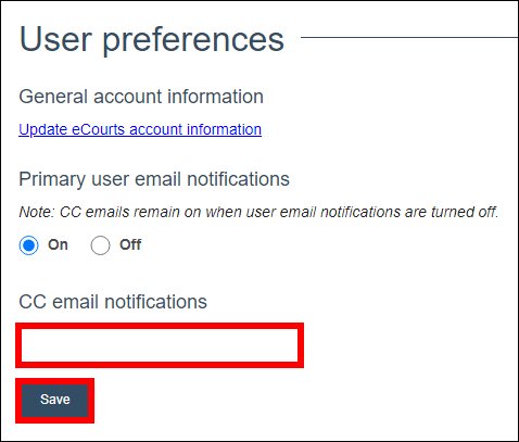 Wisconsin circuit court eFiling - Filer - Preferences - Email address - Save.png