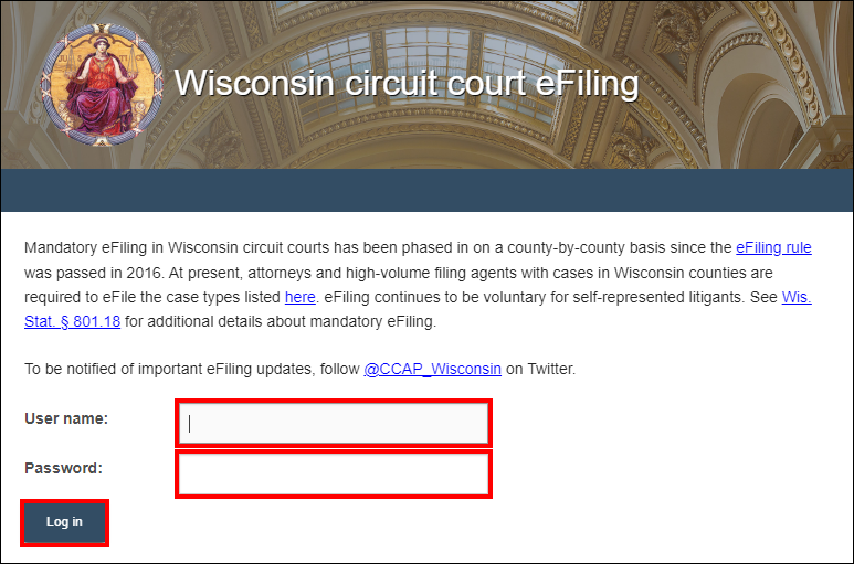 Wisconsin circuit court eFiling - User name - Password - Log in.png