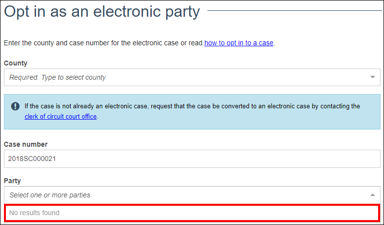 Wisconsin circuit court eFiling - Party dropdown shows No results found.png