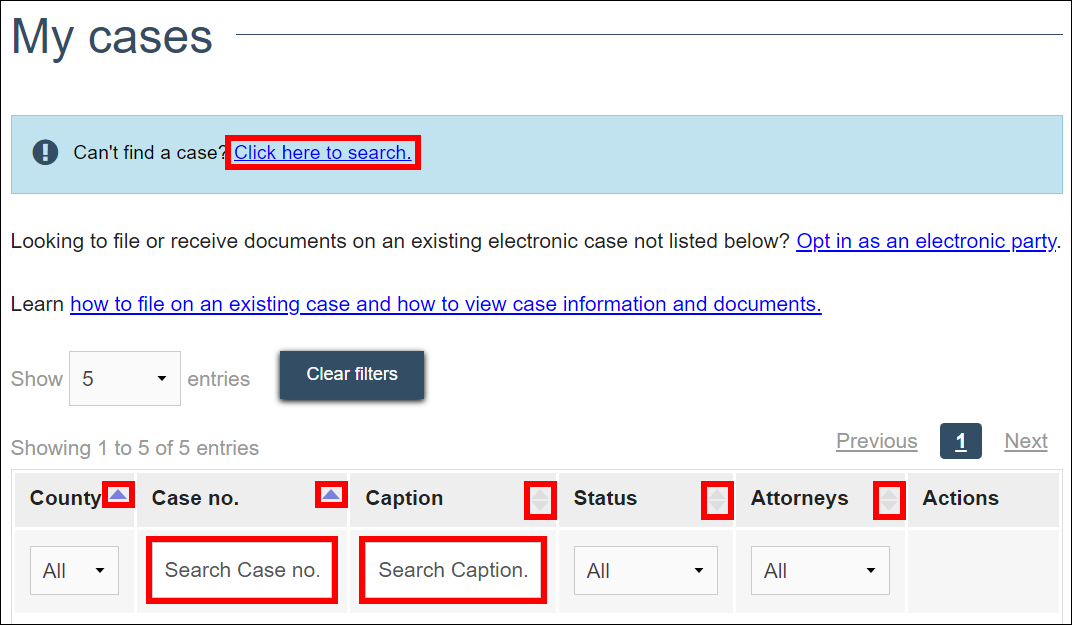 Wisconsin circuit court eFiling - My cases - Click here to search - County dropdown list - Case no filter - Caption filter - Arrows at the top of each column.png