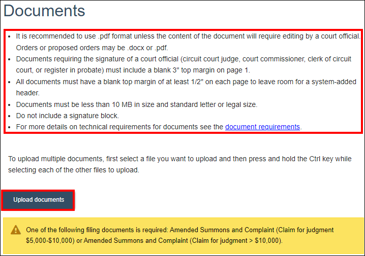 Wisconsin circuit court eFiling - Documents - Document requirements - Amended Summons Upload documents.png