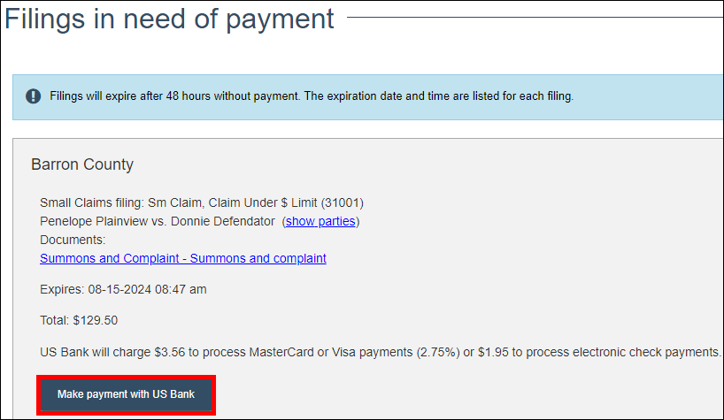 Wisconsin circuit court eFiling - My cases - Filings in need of payment.png