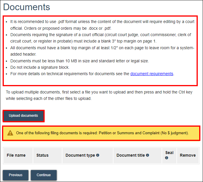 Wisconsin circuit court eFiling - Documents - Document requirements - Upload documents.png