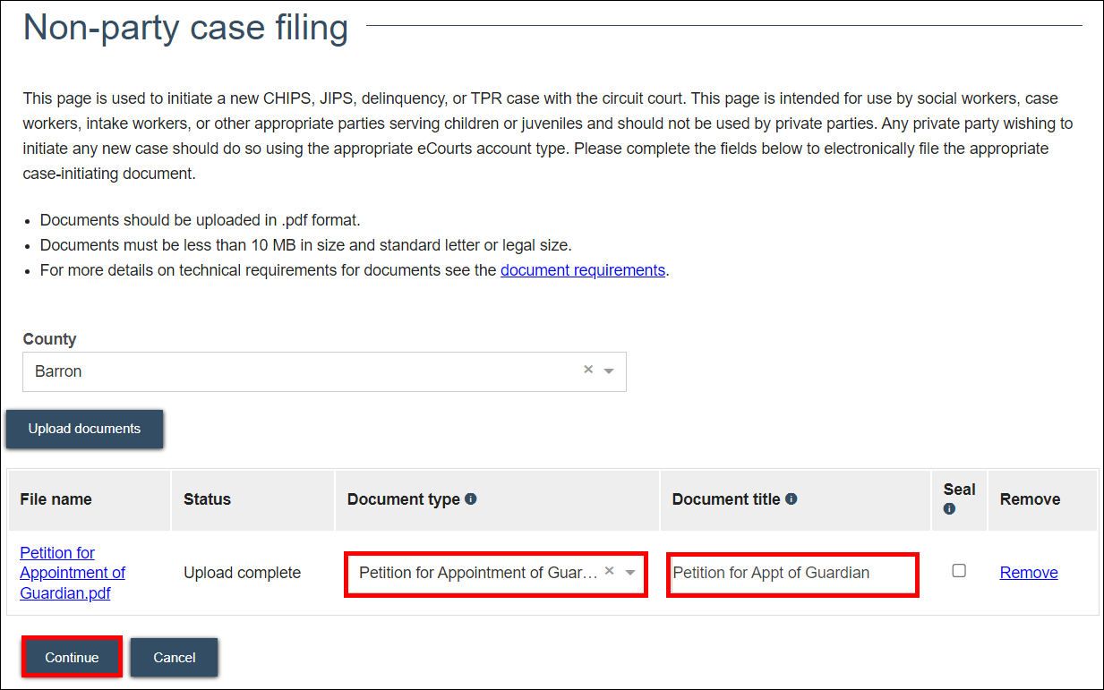 uploading a filing document as a non-party filer in WI eFiling