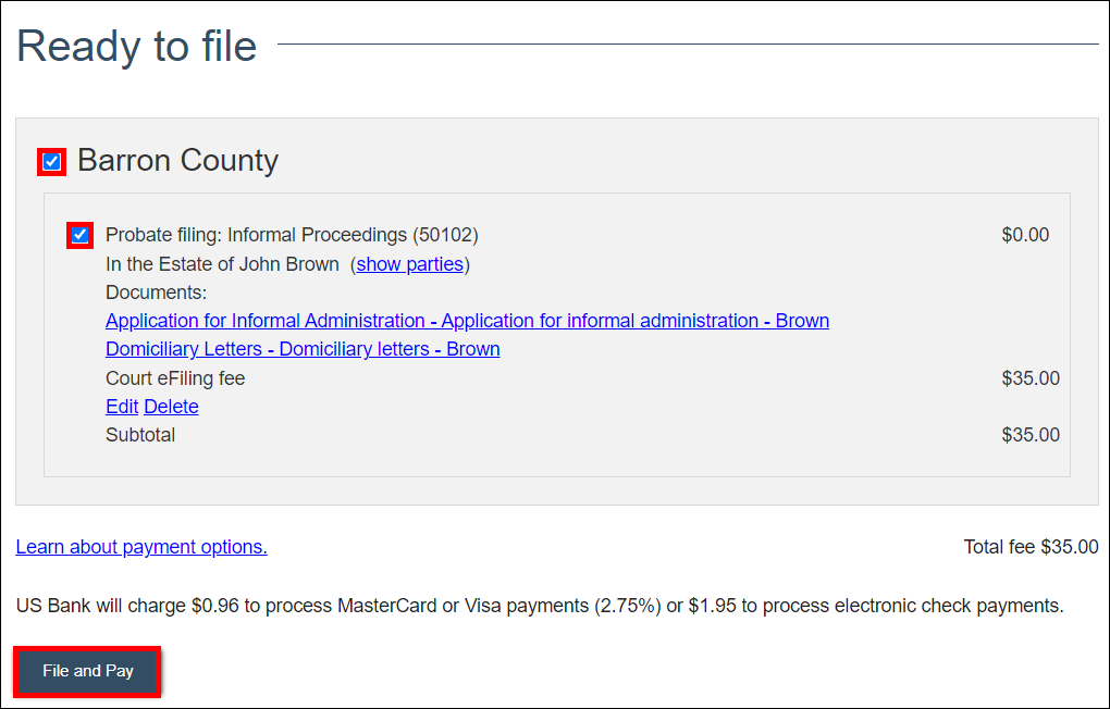 Ready to file eFiling screen including case documents and fee