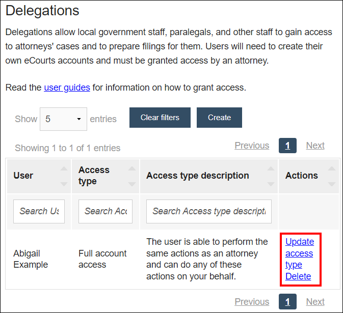 Appellate efiling - Delegations page - Actions column - User access type and Delete actions.png