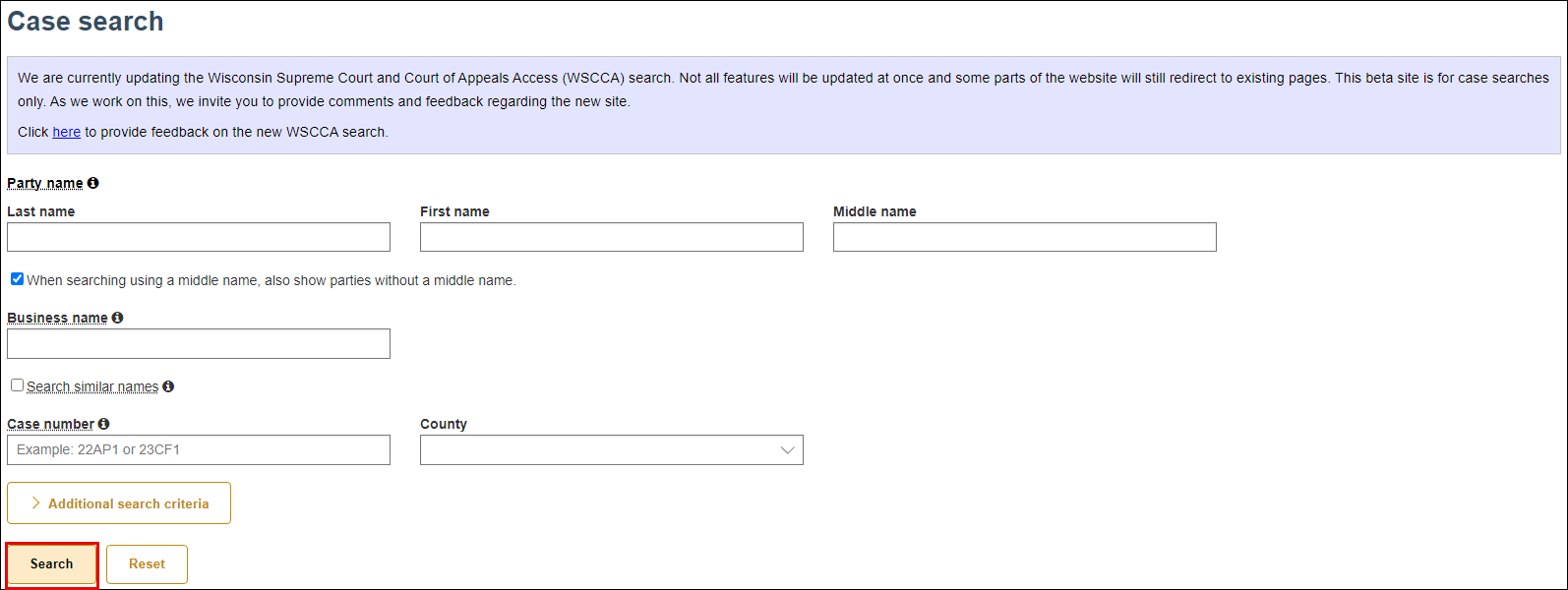 The search button is highlighted on the WSCCA Case Search page.