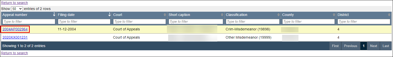 A case number link is highlighted in the search results list.