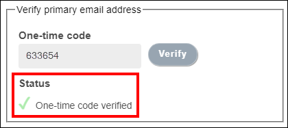 Success status message displays below one-time code field after code is verified