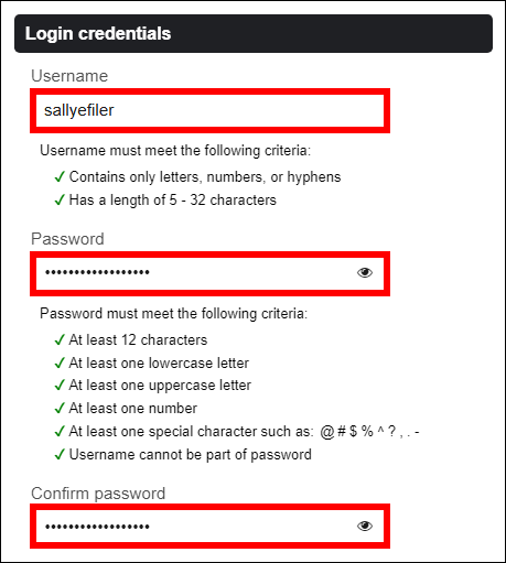 Login credentials fields with the character and length requirements displayed for username and password