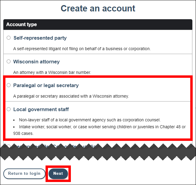 Create an account screen with attention called to the paralegal or legal secretary and local government staff account type options and the Next button at the bottom of the screen