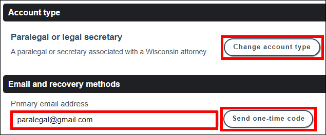 Account creation screen with Change account type button and primary email address field next to the Send one-time code button