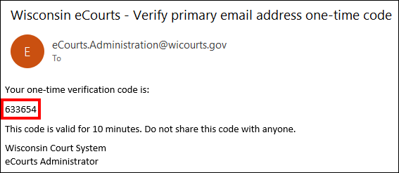 Example email containing a one-time verification code