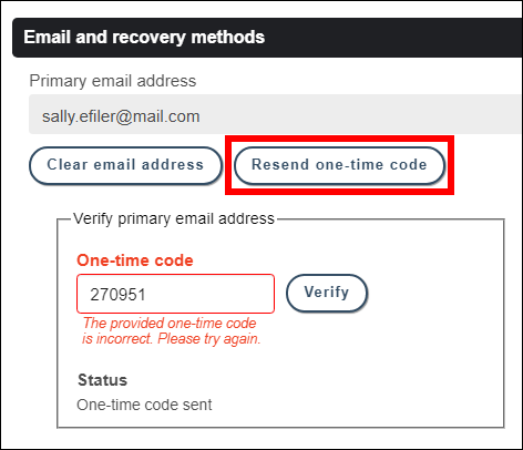 Email and recovery methods screen with attention called to Resend one-time code button below and to the right of the email address field