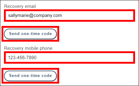 Recovery email and mobile phone fields with Send one-time code buttons below each for verification