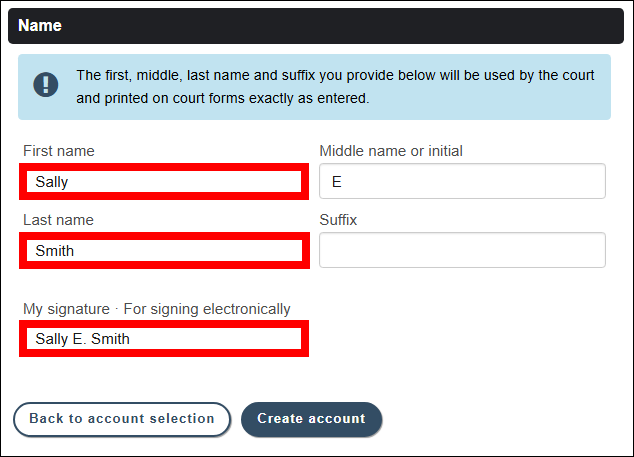 Name fields for the eFiling account owner with attention called to First name, Last name and signature