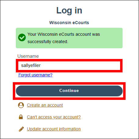 Wisconsin eCourts log in screen with attention called to the username field and Continue button below it