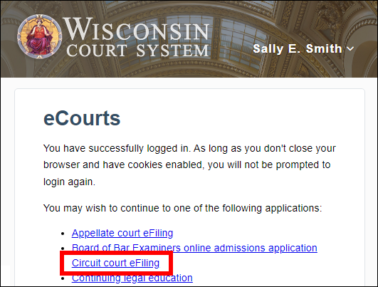 Wisconsin eCourts homepage with list of applications and attention called to the Circuit court eFiling hyperlink