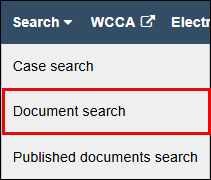 WSCCA search dropdown menu with attention called to Document search option